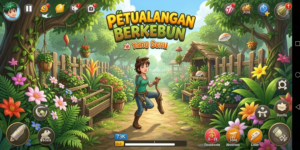 Screenshot gameplay 73K yang menunjukkan ladang subur dan tanaman yang sedang tumbuh.