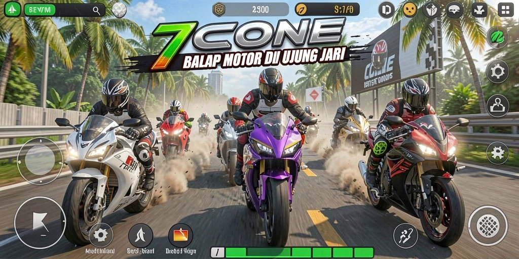 Tangkapan layar gameplay 7CONE menampilkan balapan motor yang seru dan grafis menawan.
