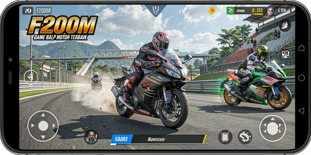 Screenshot F200M menunjukkan adrenalin tinggi dalam balapan motor.