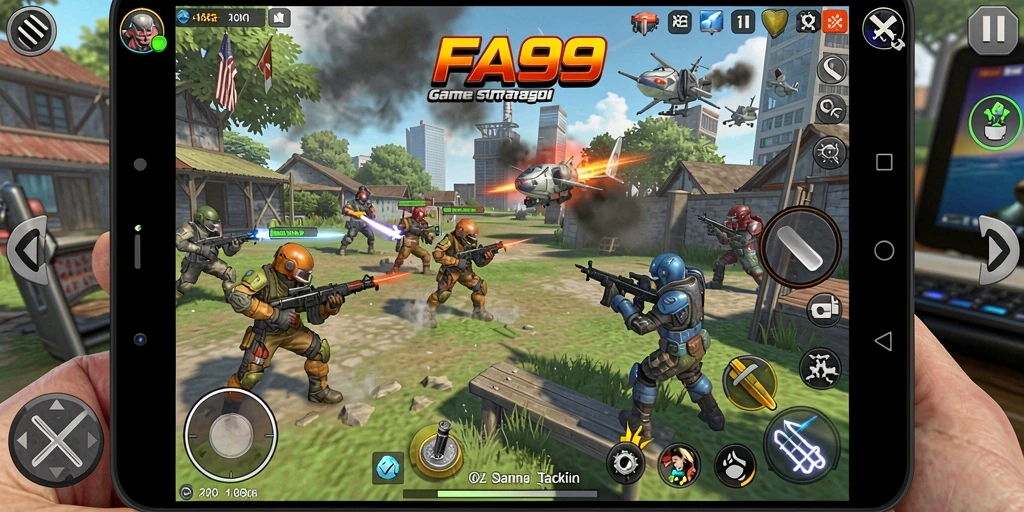 Tangkapan layar gameplay FA99 menampilkan pertempuran strategi yang mendebarkan.