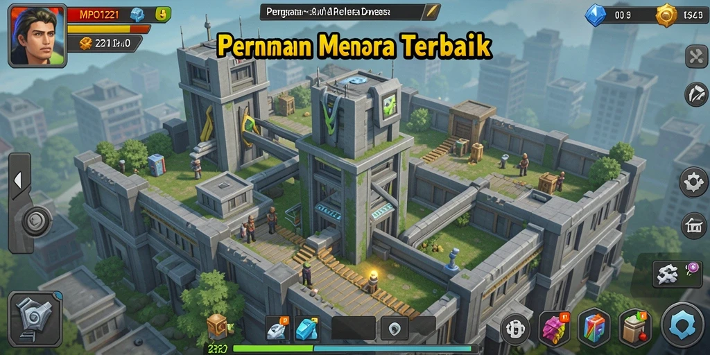 Gameplay mendebarkan MPO1221 di Tower Defense dengan berbagai menara.