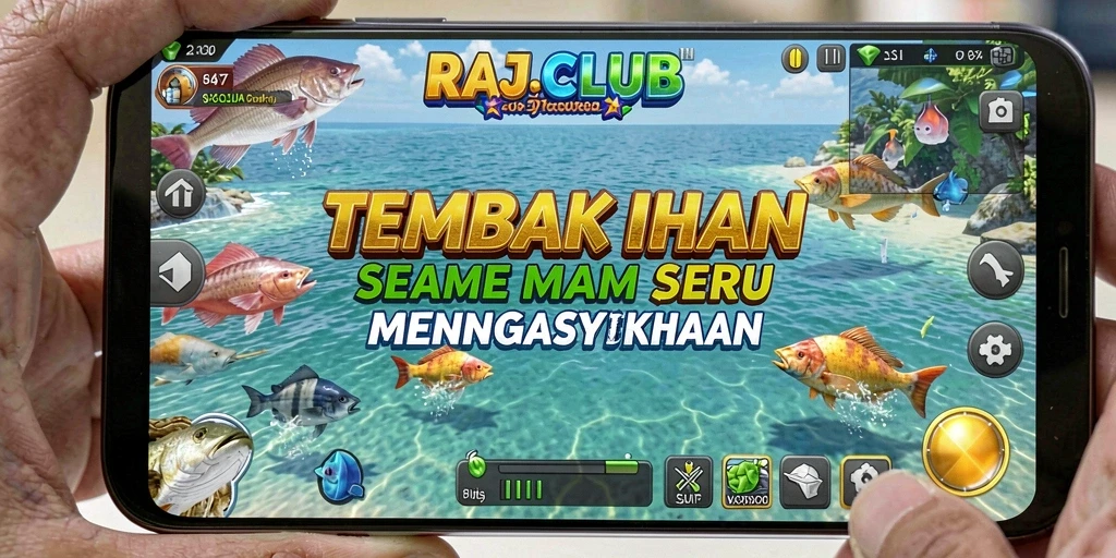 Tampilan gameplay RAJACLUB yang menarik dengan berbagai ikan dan efek tembakan.
