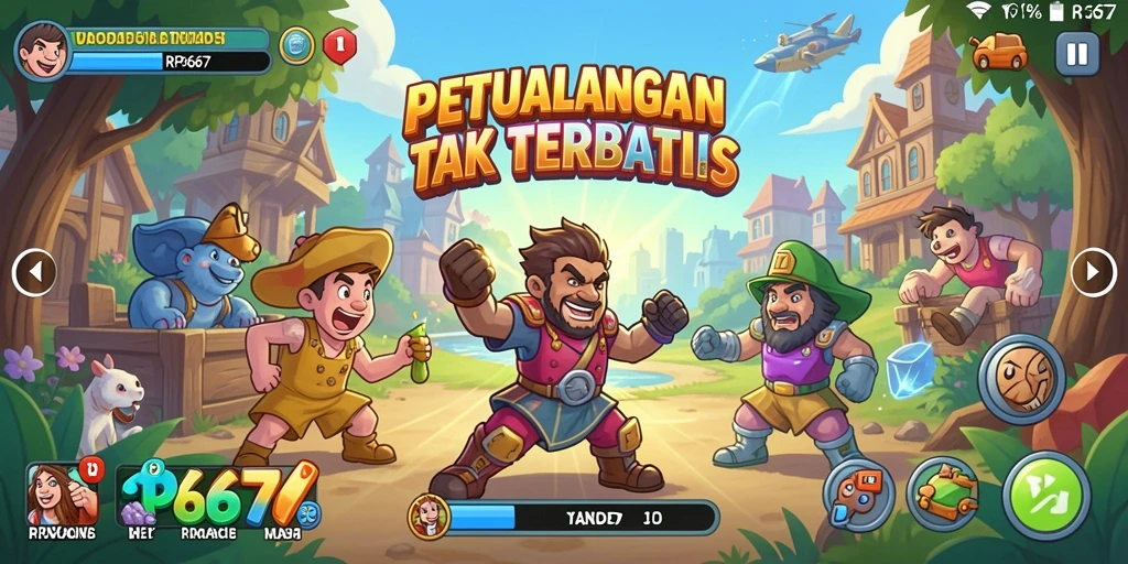Tampilan gameplay menarik dari RP6677 dengan karakter dan level yang beragam.