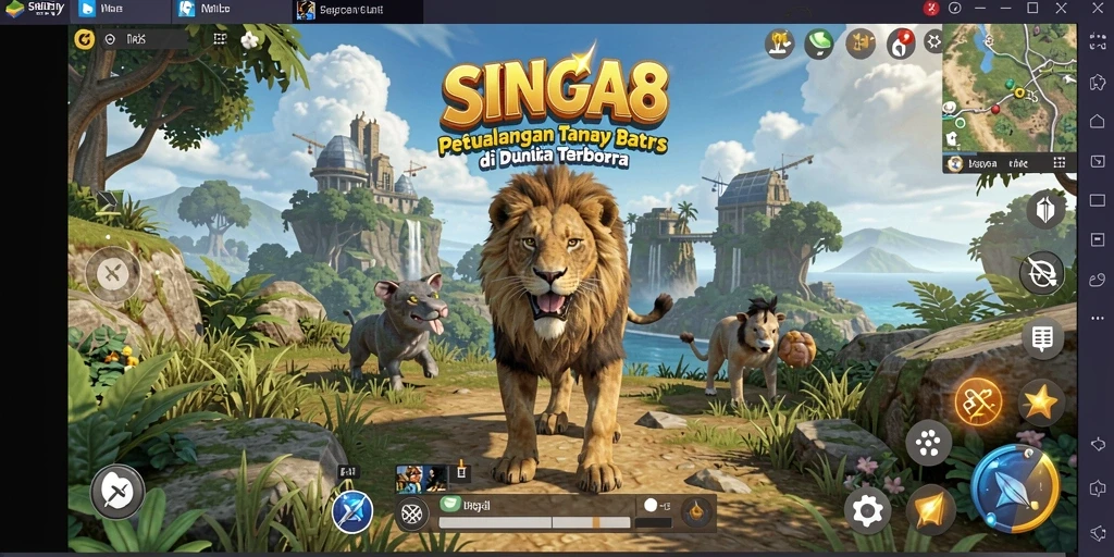 Screenshot gameplay SINGA8 menunjukkan eksplorasi dunia terbuka yang luas.
