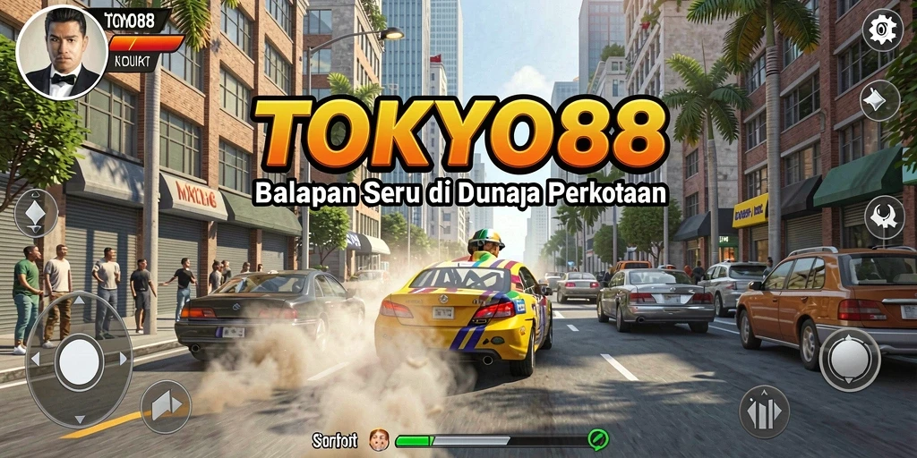 Gameplay balapan seru di TOKYO88 dengan mobil mengemudi di kota Tokyo.